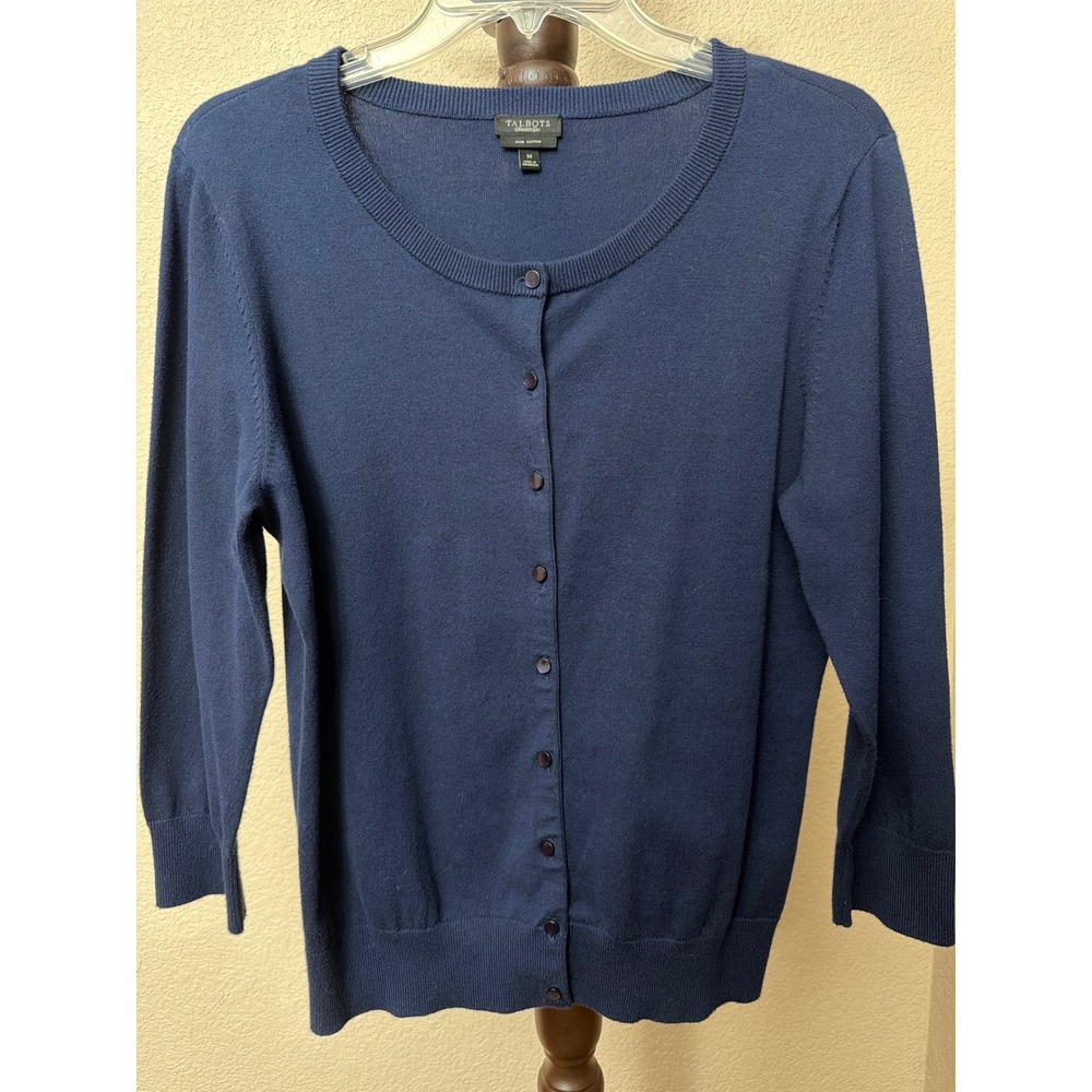 Talbots Womens Navy Blue Pima Cotton Blend 3/4 Sleeve Button Front Cardigan M